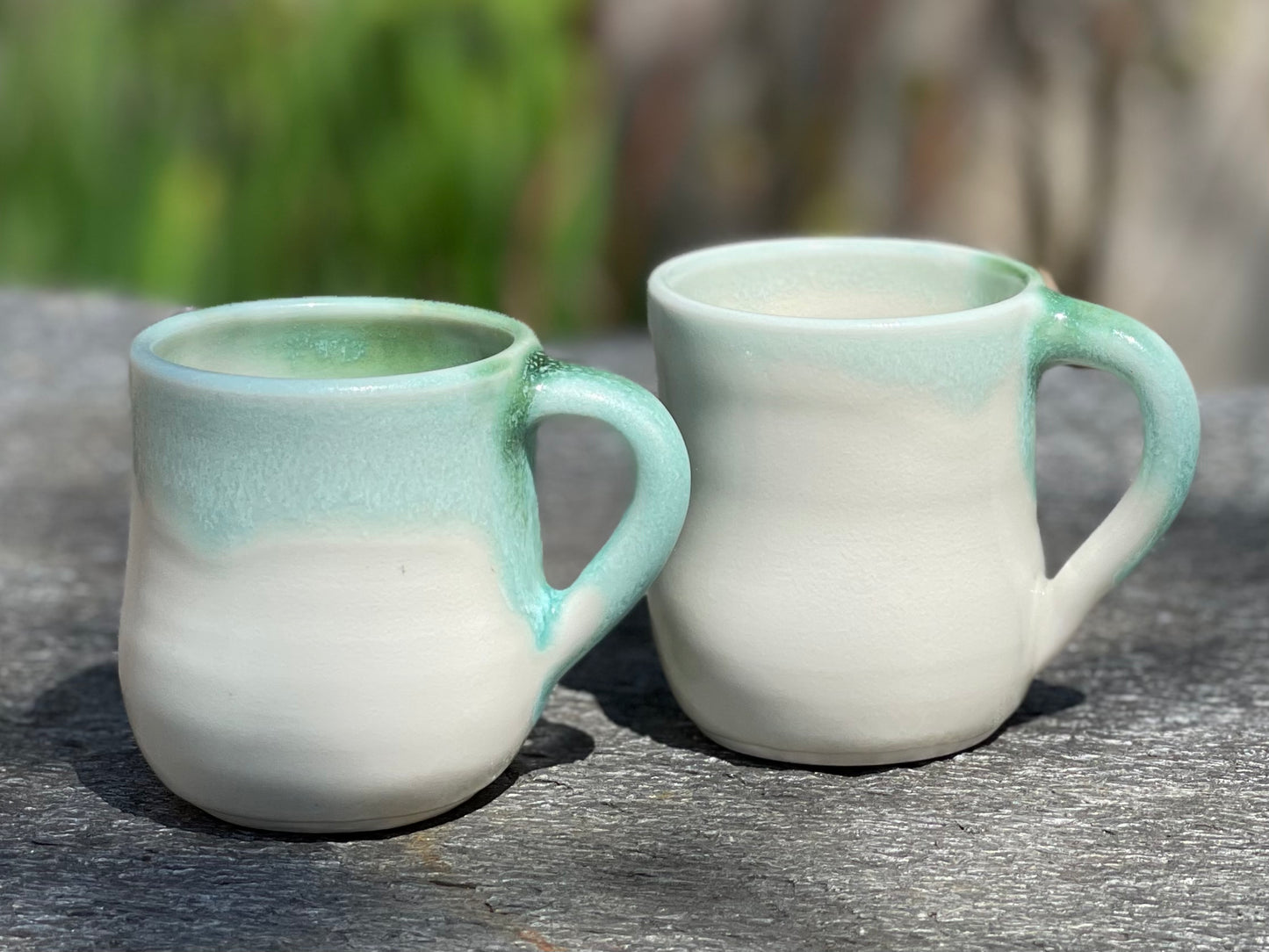 Pair of Tiny (3 oz) Coffee Cups in White with Green Rims, with Arabic Coffee