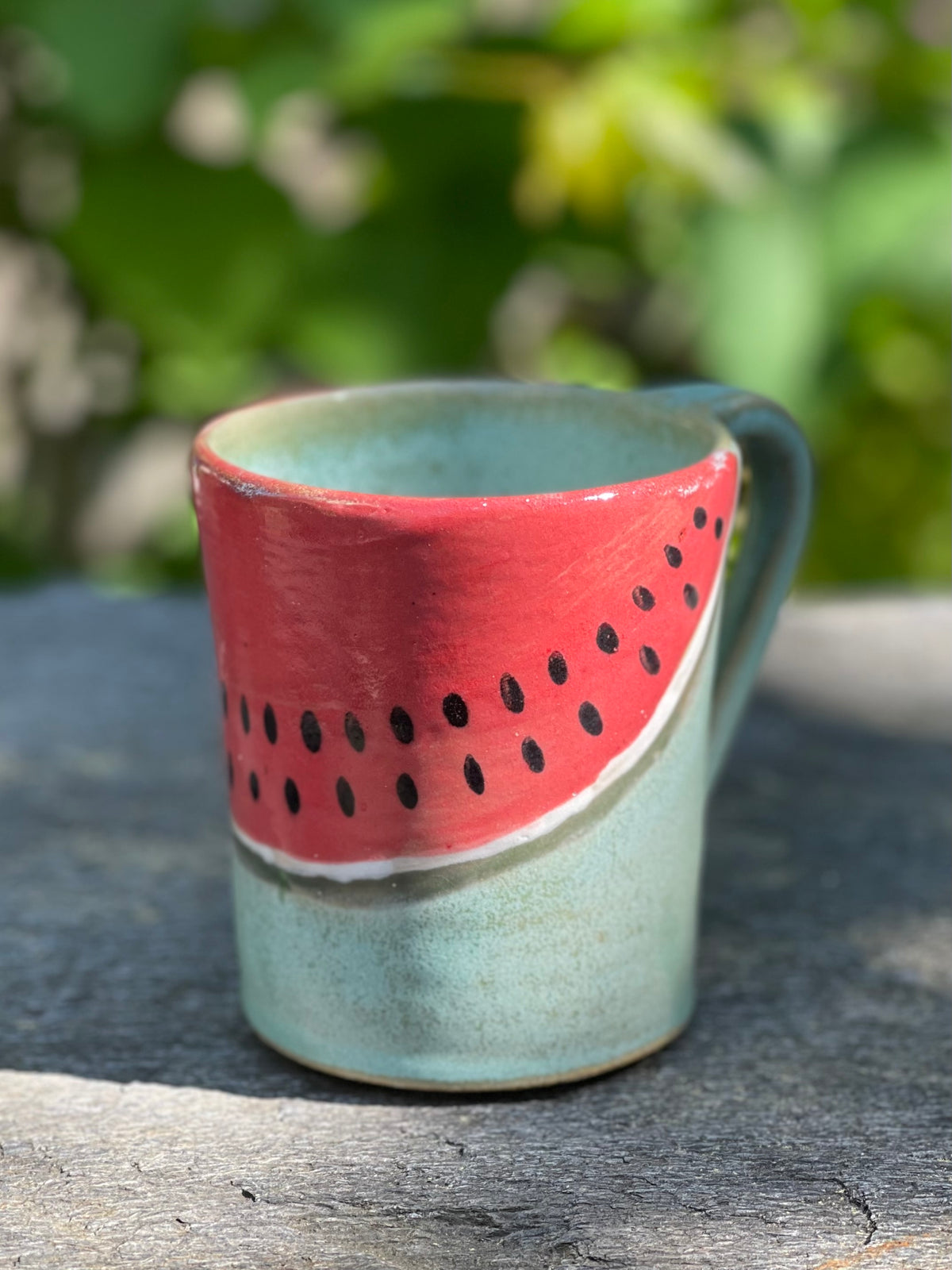 Sea Green Watermelon Mug in Buff Stoneware (10 oz), with Flower Tea
