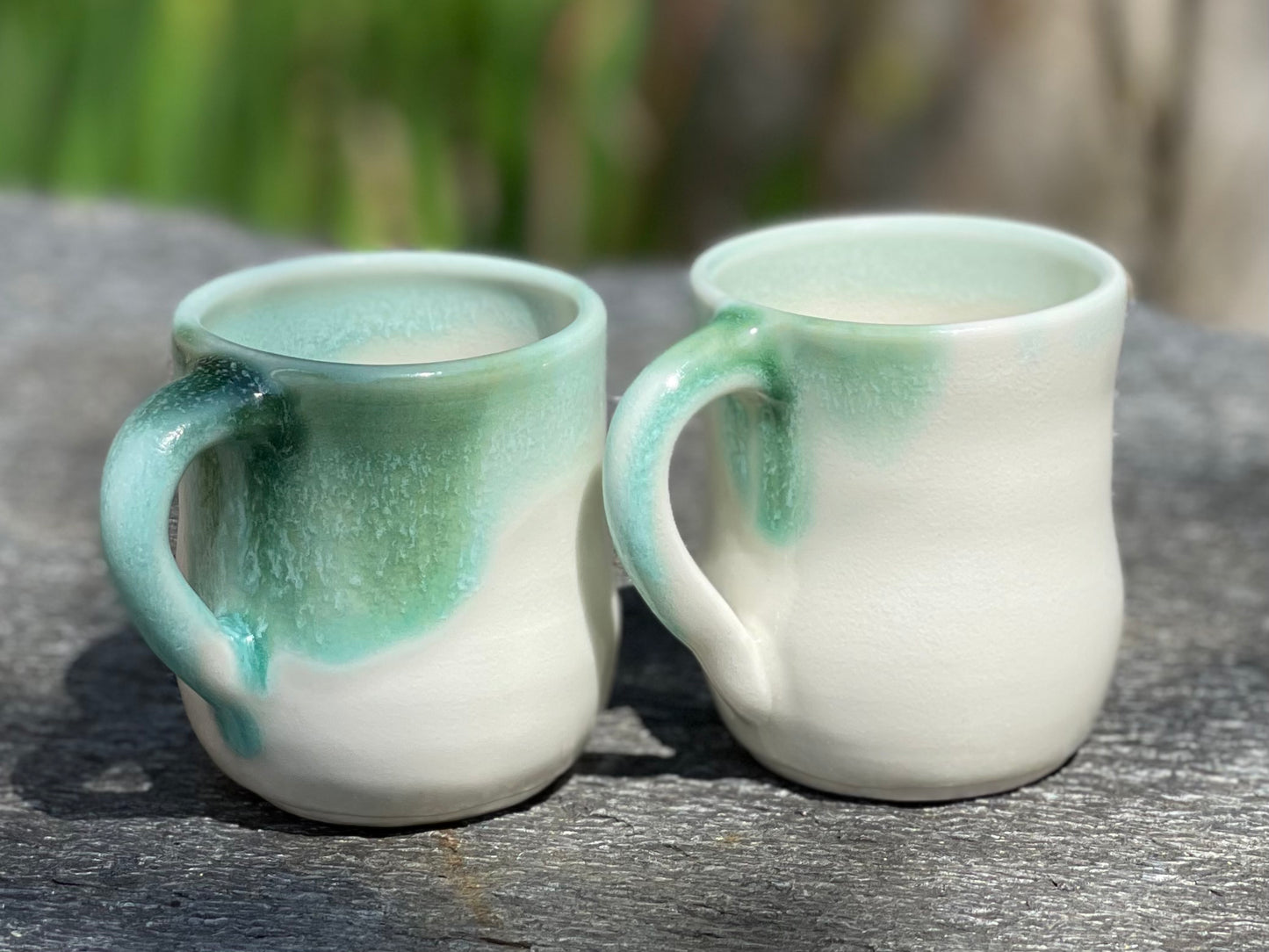 Pair of Tiny (3 oz) Coffee Cups in White with Green Rims, with Arabic Coffee