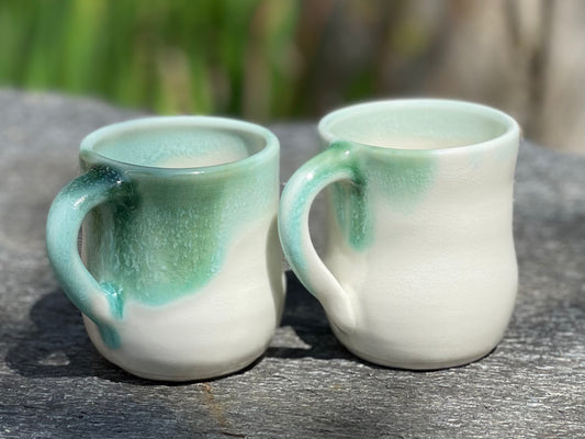 Pair of Tiny (3 oz) Coffee Cups in White with Green Rims, with Arabic Coffee