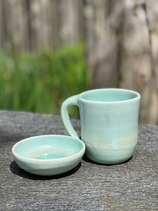 Teacup (8 oz) & Bowl Set, Matte Green, with Flower Tea