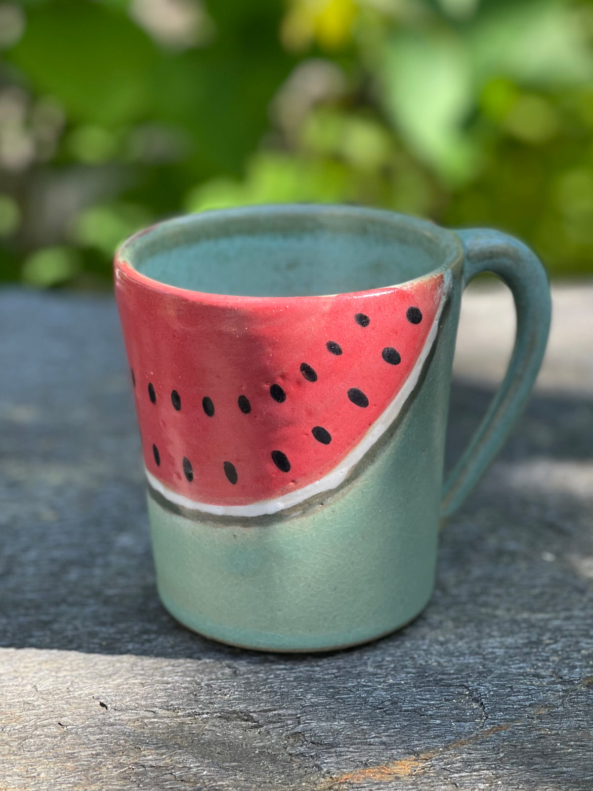 Sea Green Watermelon Mug in Buff Stoneware (10 oz), with Flower Tea