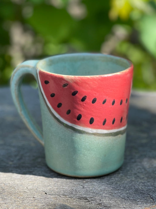 Sea Green Watermelon Mug in Buff Stoneware (10 oz), with Flower Tea