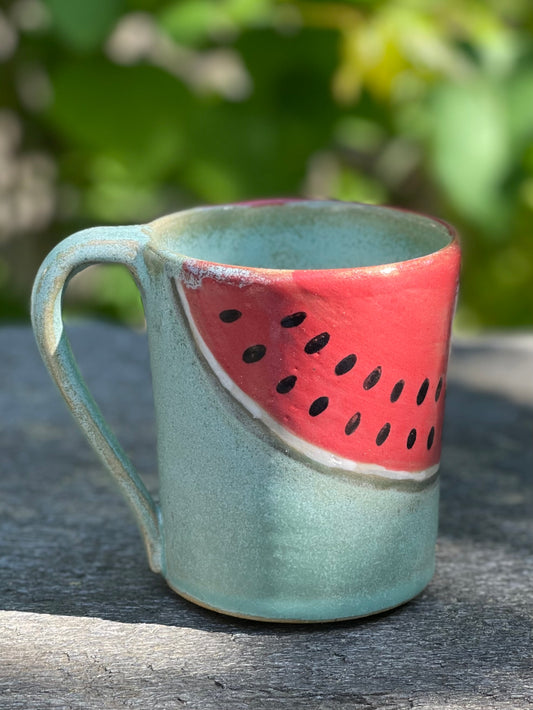 Sea Green Watermelon Mug in Buff Stoneware (10 oz), with Flower Tea