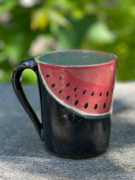 Gloss Black Watermelon Mug in Buff Stoneware (10 oz), with Flower Tea